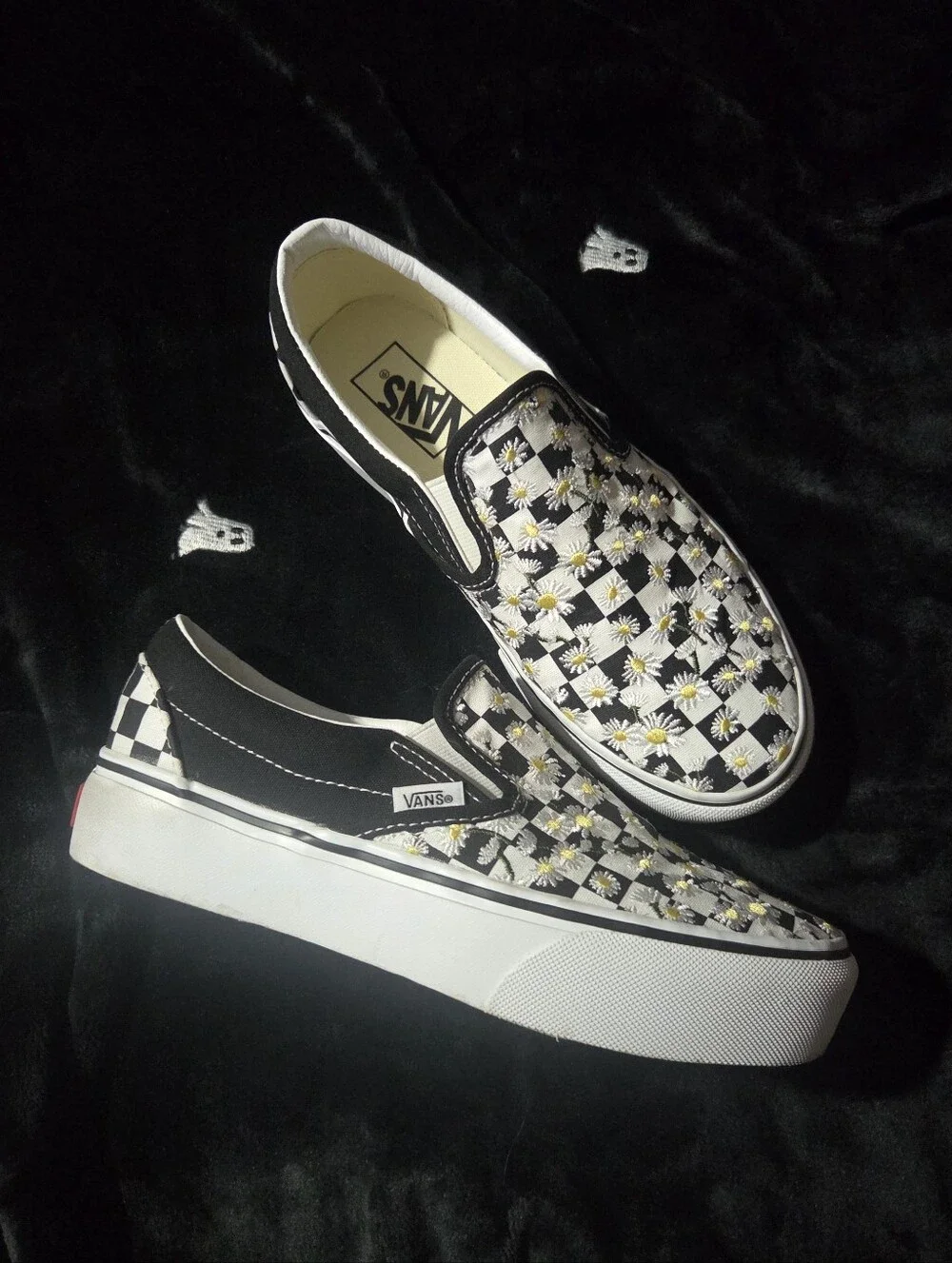 Platform Checkered Vans With Daisy Embroidery